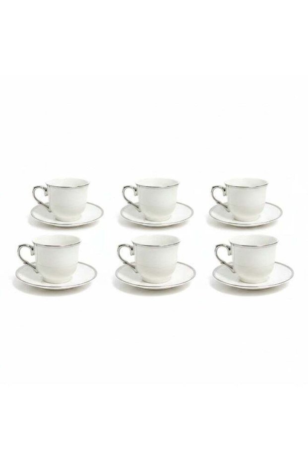 BAYTIX 6-Piece Ceramic Tea Cup & Saucer Set | 100ml Tea Cups| Silver Rim Espresso Set
