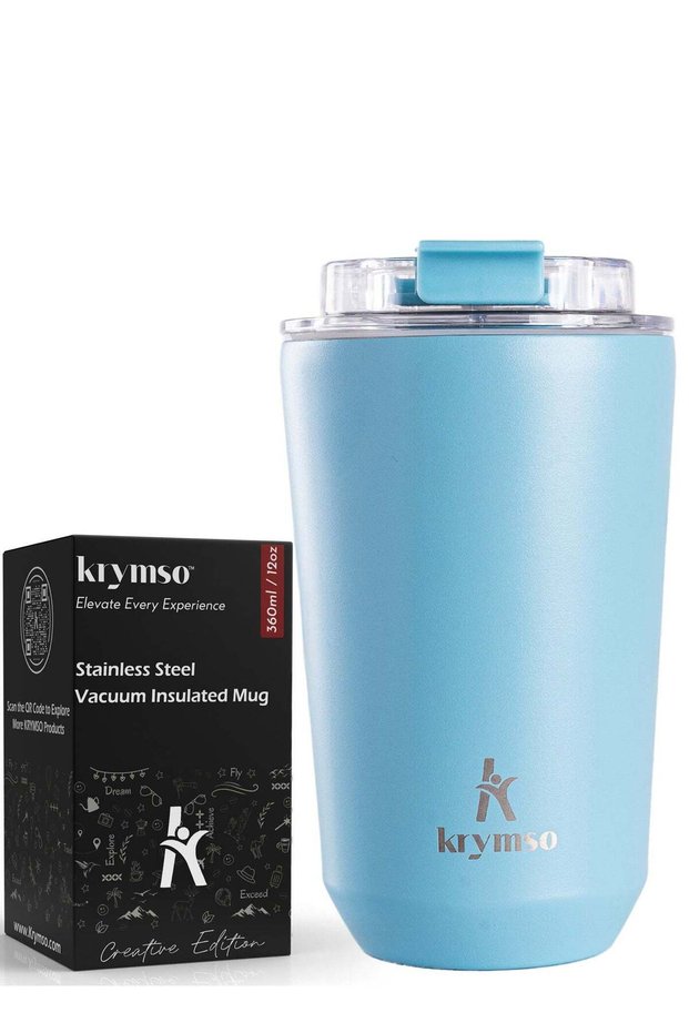 KRYMSO, 360ml Travel Coffee Mug, Stainless Steel Coffee Mug Insulated Tumbler, Thermos Flask, Double Wall Thermal Coffee Cup, Travel Mug with Leakproof Lid