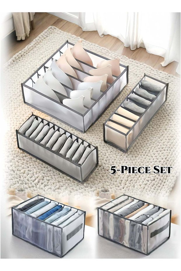 5 Pieces Grey Foldable Mesh Storage Organizer ,Underwear and Bras Drawer Organizers,Clothing Storage Box ,No-Smell ,Breathable, Underwear Sock Drawer Dividers, for Underwear, Bras, Shirts, Jeans &