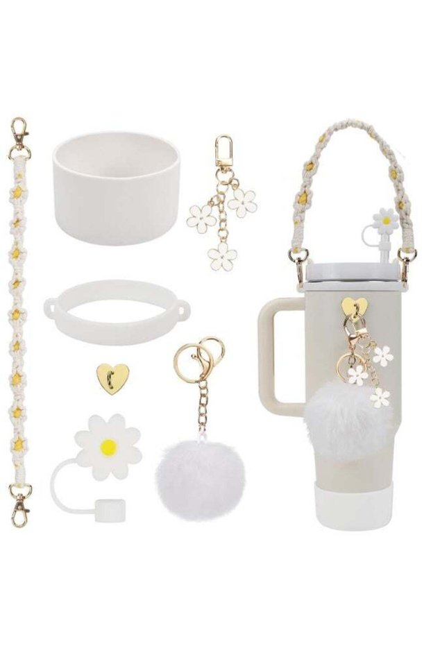 Accessories Set for Stanley Cup, Water Bottle Silicone Boot, Straw Lid with Flower Stanley Cup, Water Bottle Carrier Strap, Stanley Charms for Stanley 40oz/30oz Tumbler (White)