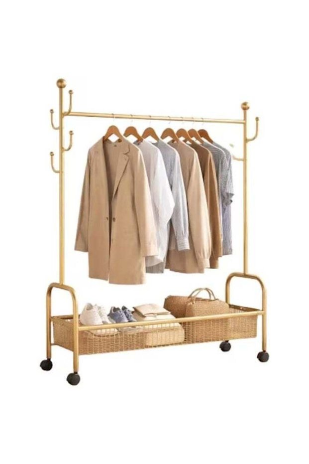 Rolling Clothes Rack with Storage Basket and Side Hooks, Metal Garment Rack with Wheels, Portable Clothing Organizer for Bedroom, Laundry Room, Entryway and Closet, Gold Finish