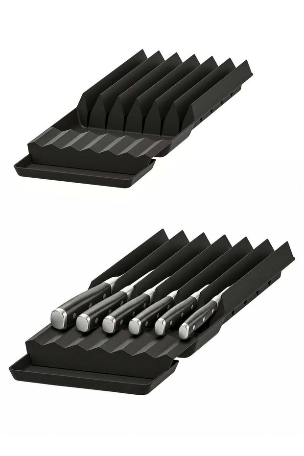 Kitchen Drawer Organizer Knife Tray- Knife storage Rack Multifunctional Drawer Knife Holder For Kitchen Accessories Easy Slide Knife Tray Set - Black