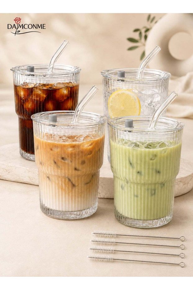 4Pack Coffee Cups Simple Vertical Stripes Water Glasses with Lids and Straws