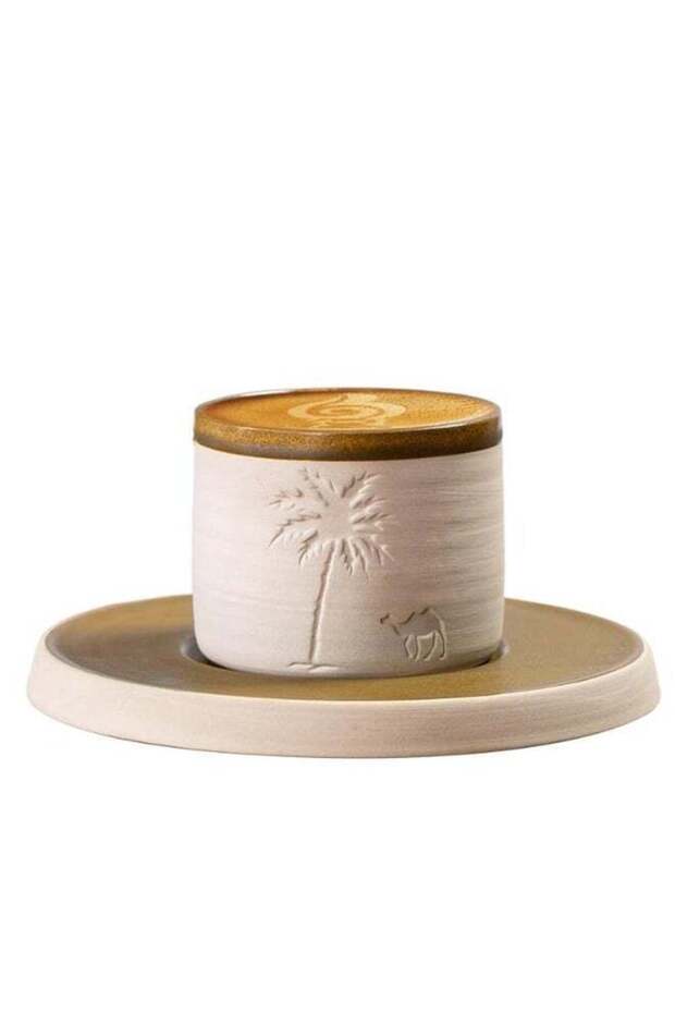 Ceramic Coffee Cup Set with Saucer, 8.45 oz (250 ml), Middle Eastern Rustic Desert Palm & Camel Pattern, Beige and Brown