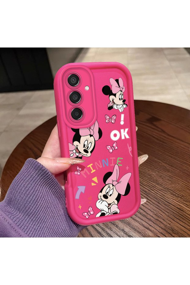 Samsung Galaxy M15 Compatible Pink Red Silicone Case Shockproof Camera Protection Minnie and Bow Pattern