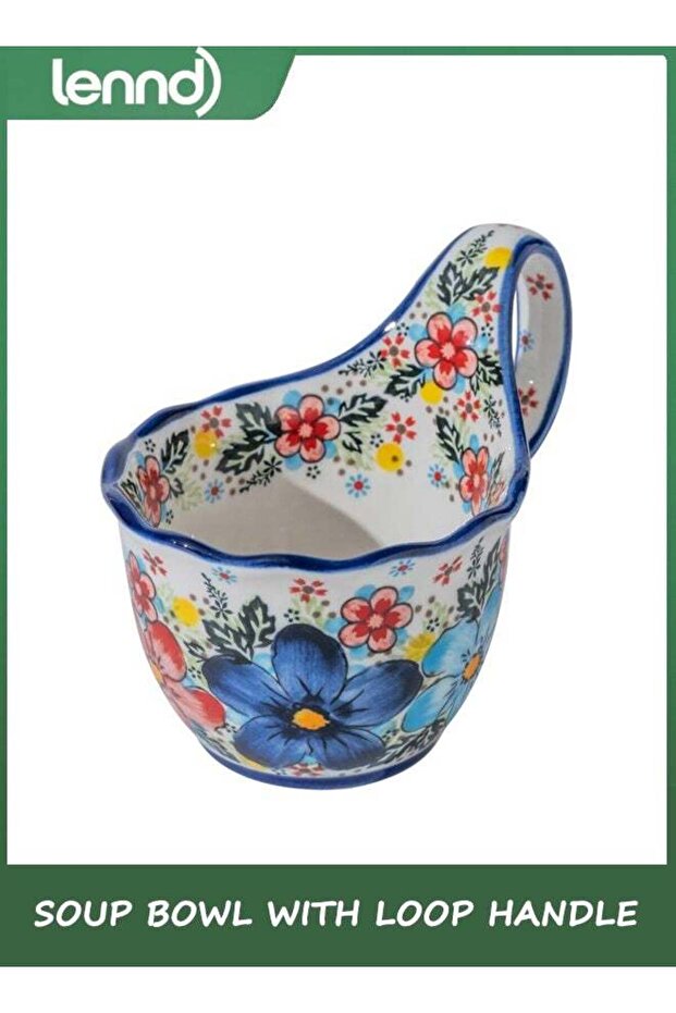 530ML Soup Bowl with Loop Handle, Handpainted Decorative Mug Big Handle, Ceramic Soup bowl for Moth