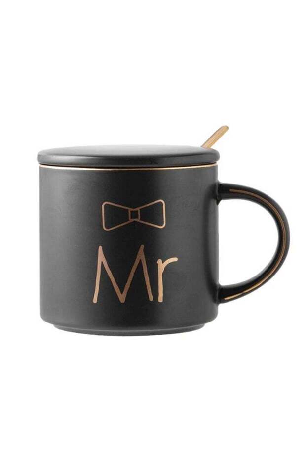 Mr Coffee Mug, ceramic marble coffee/tea Cup with lid, Spoon set, personalized gift set for Couple, Parents, Wedding Gift, Bridal, Engagement (450ml) (Black)