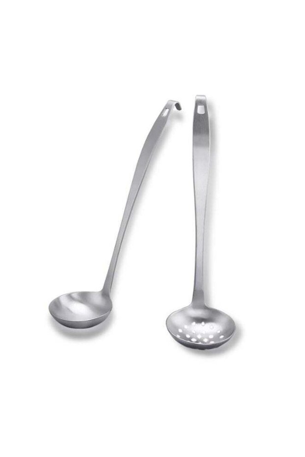 Stainless Steel Soup Ladle and Slotted Spoon Set of 2, 28.5 cm Long Handle with Hanging Hook, Durable Kitchen Serving Utensils, Dishwasher Safe, Silver