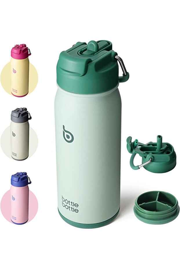BOTTLE BOTTLE 16 oz Insulated Sports Water Bottle with Straw and Pill Holder - Green