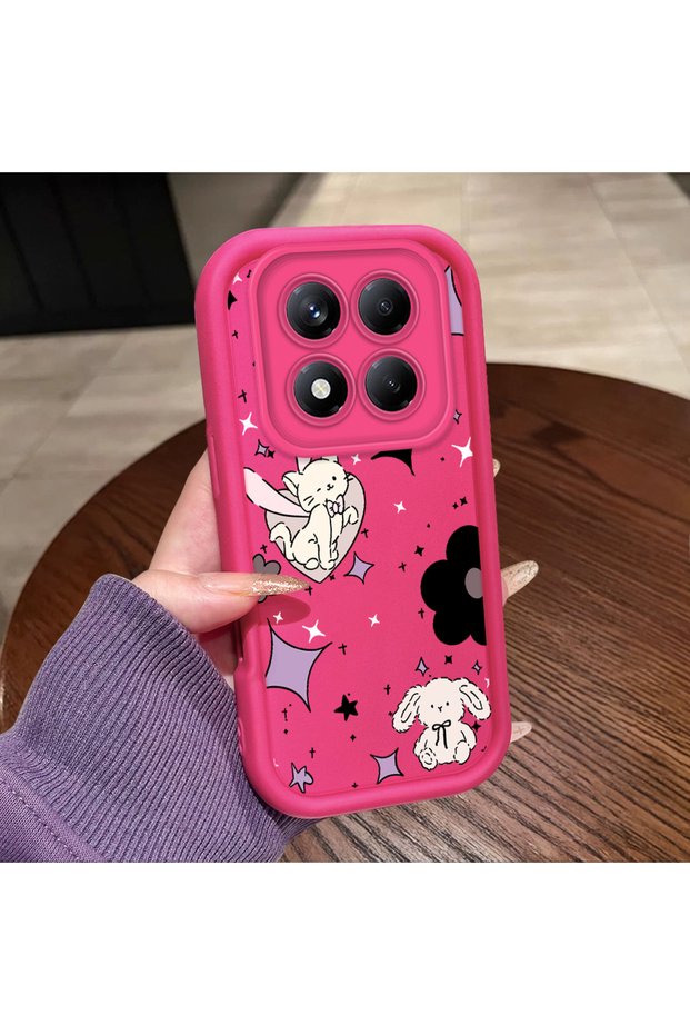 حافظة سيليكون وردية حمراء متوافقة مع Redmi Note 14 Pro 4G، مقاومة للصدمات مع حماية للكاميرا ونمط القطط والنجوم