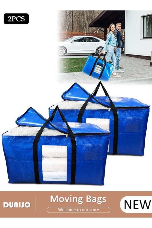 2 Pcs Thickened PE Moving Bags with Viewing Window, Large Foldable Storage Totes with Handles,Easy Open Lids,Heavy Duty Water-Resistant Reinforced Packing Totes for Clothes, Blanket, Toys,Books