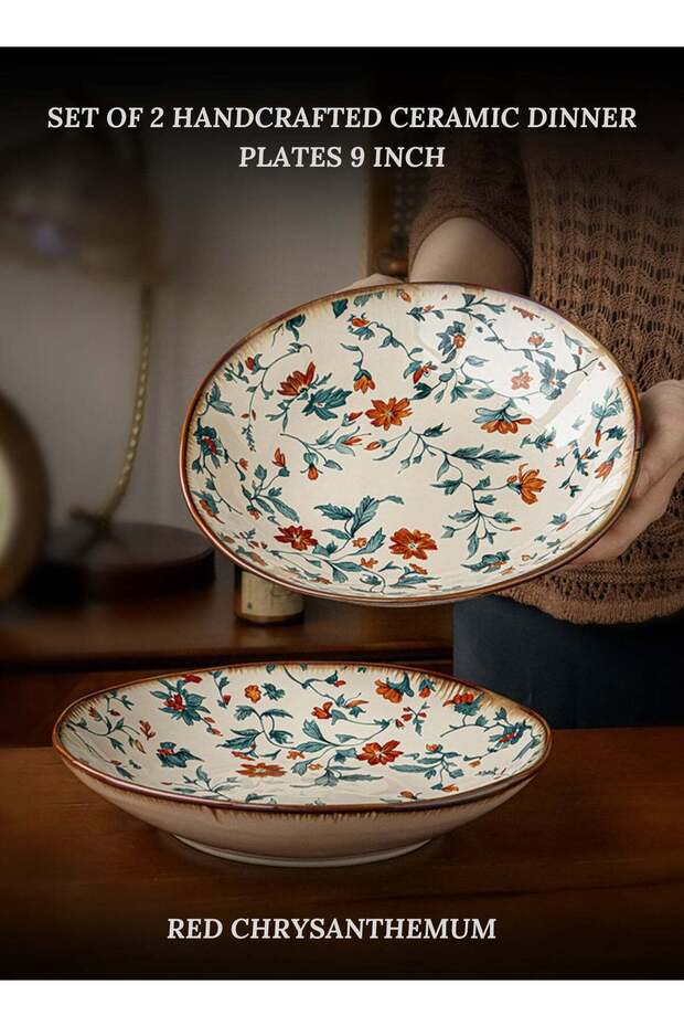 Set of 2 Handcrafted Ceramic Dinner Plates 9 inch "Red Chrysanthemum" 900ml - Vintage Floral Branch