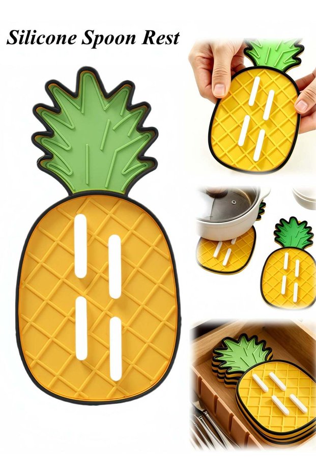 Silicone Spoon Rest for Stove Top - Heat Resistant BPA-Free Utensil Rest with Drip Pad, Practical Kitchen Gadgets, Cute Pineapple Suitable for Pot Lids, Ladles, Tongs, Cutting Boards