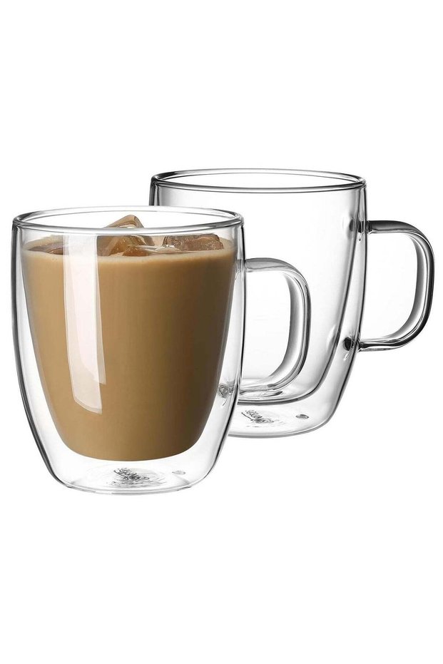 2 Pcs Double Wall Insulated Glasses Espresso Mugs, Glass Coffee Mugs with Handle, Insulated Layer Coffee Cups, Clear Borosilicate Glass Mugs | Perfect Coffee Mugs for Espresso, Cappuccino, Latte, Ame