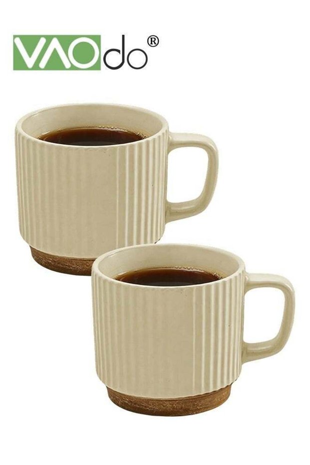2PCS Ceramic Coffee Mugs, Stackable Coffee Cups Set with Handle, Modern Ribbed Design Tea Cup, Dishwasher & Microwave Safe, Ideal for Latte Hot Tea Cappuccino Mocha Cocoa & Holiday Gifts, 240ML