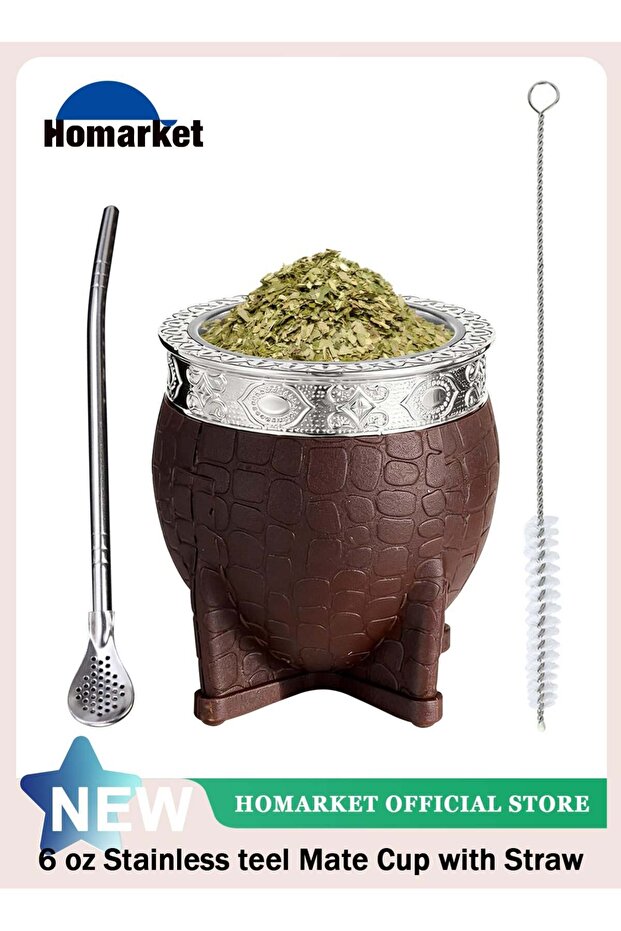 Premium Yerba Mate Cup with Bombilla Mate (Straw) and Cleaning Brush Set, Baroque Style, Leather Gourd, 304 Stainless Steel Inner (Brown)
