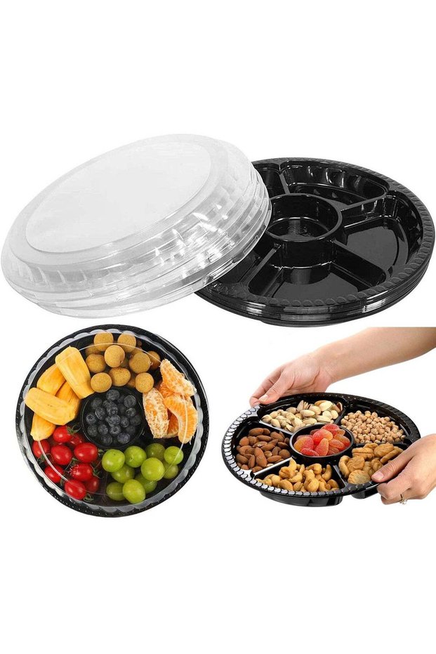 10-Pack Disposable Plastic Appetizer Tray with Lid - 10.5 Inch Heavy Duty Snack Serving Platter Con