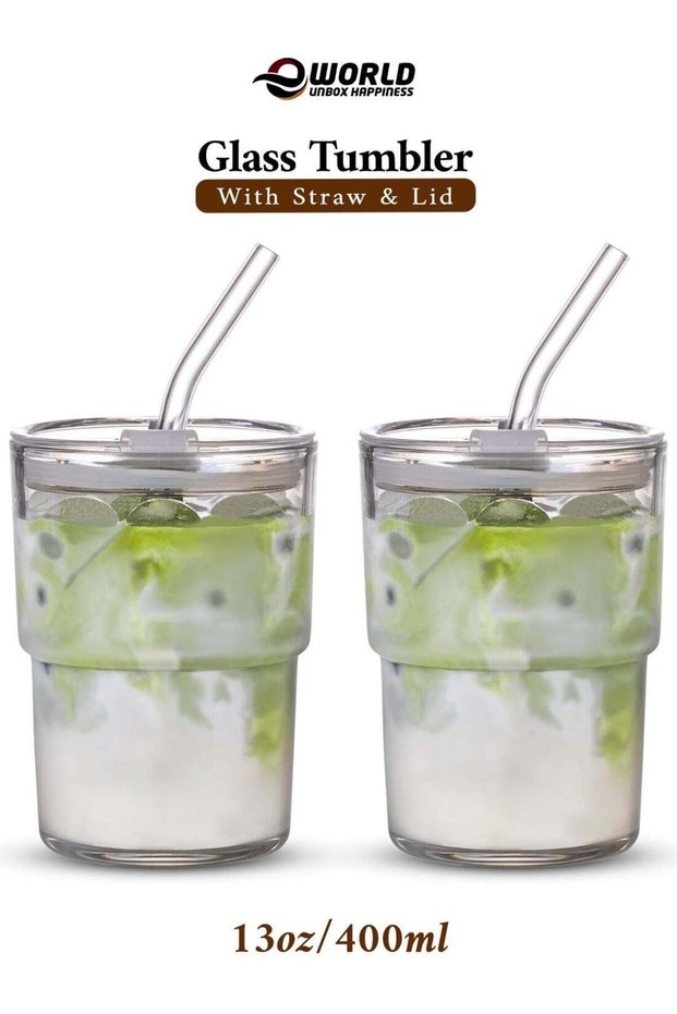 13oz / 400ml Clear Double Wall Glass Tumbler with Lid & Straw | Insulated Iced Coffee & Tea Cup | Thick Glass Mug – Pack of 2 & 4