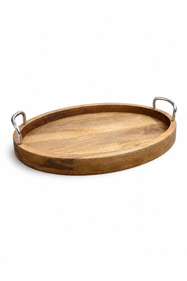 Premium Oval Acacia Wood Serving Tray with Metal Handles 33cm – Walnut Finish, Handcrafted Luxury C