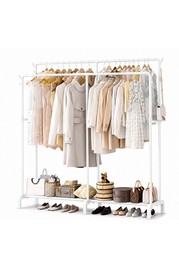 Double Rail Rod Clothing Rack Heavy Duty Dual Layer Clothes Drying Stand Garment Organizer Open Armoire with 2 Tier Hanger Rails and Bottom Storage Shelf, Strong 19mm Steel Pipes, 70kg Load Large Cap