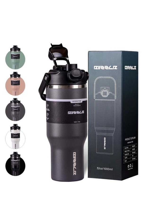 RIIZZLR® 1000ml Insulated Water Bottle Tumbler with 2-in-1 Straw & Sip Lid – Stainless Steel Vacuum Flask, Double Wall, BPA-Free, Leakproof, Wide Mouth, Keeps Drinks Hot 12H / Cold 24H