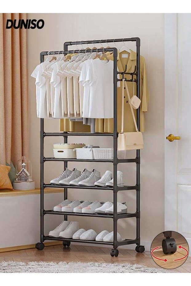 Double Rods Clothes Rack with Roller, Metal Garment Rack with Shoe rack and Hooks, Multipurpose Clothes Hanger Organizer,Suitable for Bedrooms, Balconies and Living room (Black)