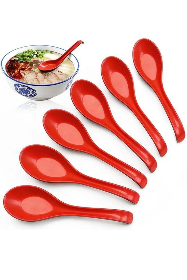 6 PCS Wonton Soup Spoons, Chinese Japanese Miso Ramen Dumpling Pho Rice Noodle Soba Soup Spoons, Red and Black Melamine Spoons
