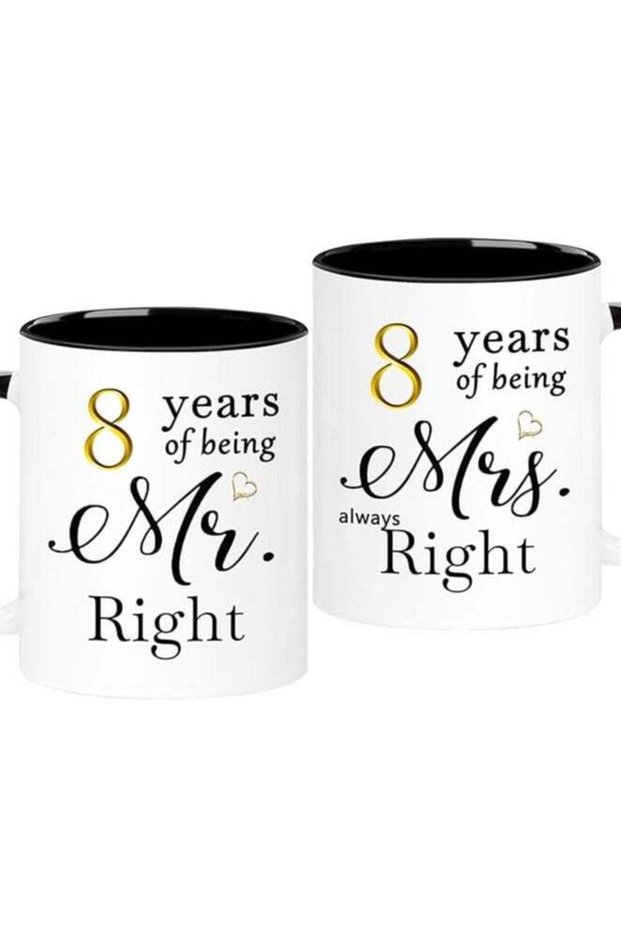 8 Year Anniversary Coffee Mugs Set of 2, 8 Years of Being Mr Right/Mrs Always Right, 8th Wedding Anniversary Decorations Gifts Presents Cups for Couple Parents Grandparents