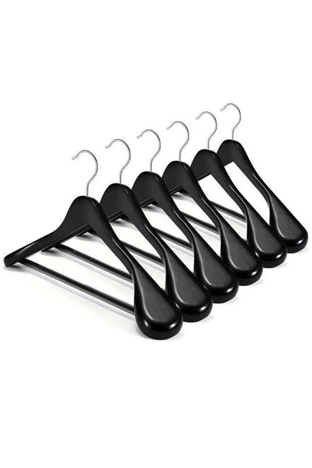 6 Pack High-Grade Suit Hangers, Wide Shoulder Wooden Hangers with Non Slip Pants Bar, Smooth Finish 360° Swivel Hook Solid Wood Coat Hangers for Dress, Jacket, Heavy Clothes Hanger (Black)