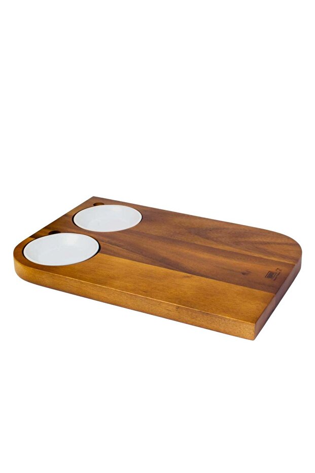 Billi Wooden Serving Board With 2 Pcs Ceramic Dip Bowl, Wooden Steak Plate Food Platter