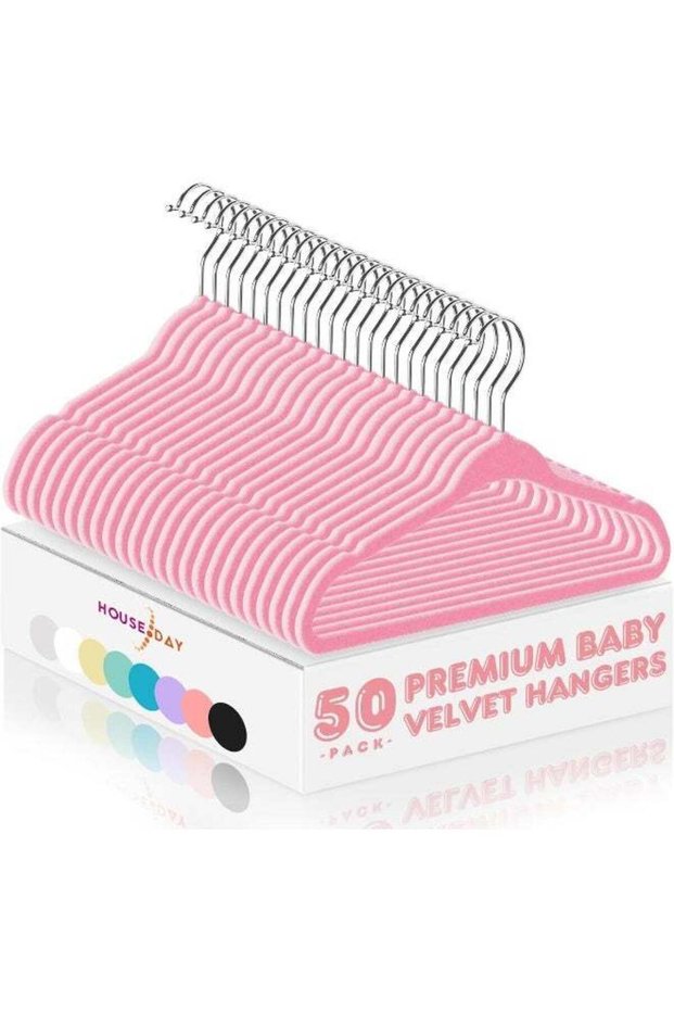 HOUSE DAY Velvet Baby Hangers 50 Pack, Premium Children's Hangers for Baby, Infant & Toddler Clothes, Durable Non Slip Baby Felt Hangers Pink, 11 Inch Baby Hangers for Closet, Ideal for Everyday Use