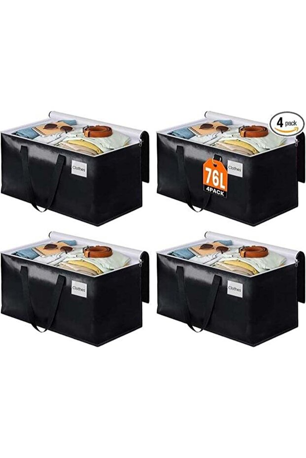 Moving Bags, Heavy Duty Moving Boxes with Zippers Top and Sturdy Handles, Storage Bags for Space Saving and Packing, Collapsible Moving Supplies, Storage Totes (76L, 4-Pack, Black)