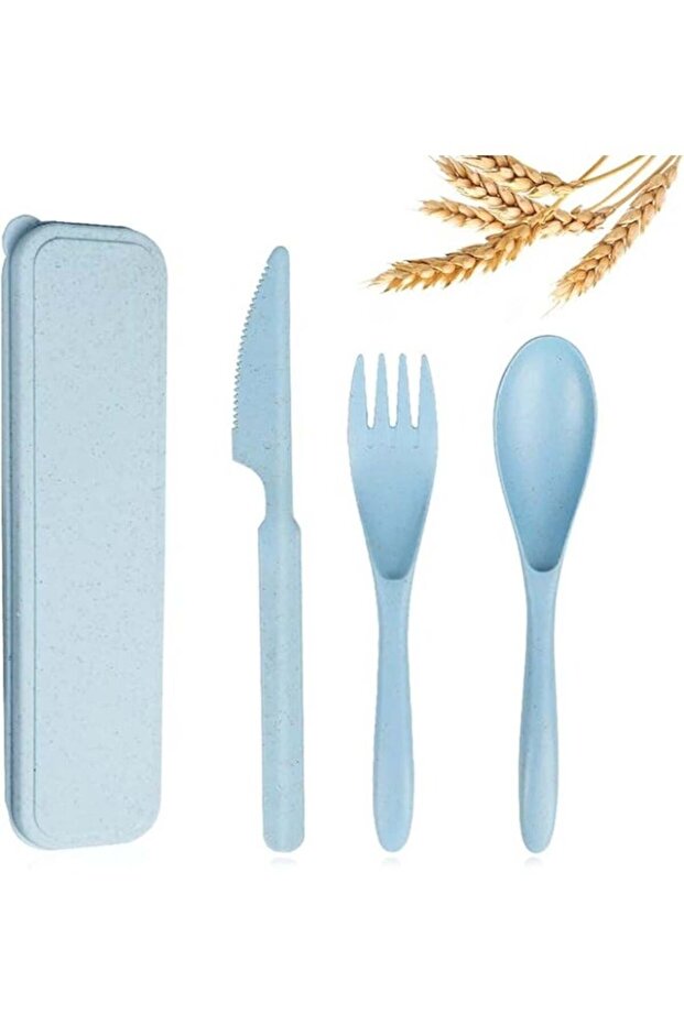 Munkan Reusable Travel Utensils Set with Case, Wheat Straw Portable Knife Fork Spoons Tableware, Eco-Friendly BPA Free Cutlery for Kids and Adults as Travel Picnic Camping Utensils ( Blue )