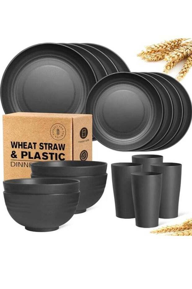 16-Piece Kitchen Plastic Wheat Straw Dinnerware Set, Service for 4, Dinner Plates, Dessert Plate, C