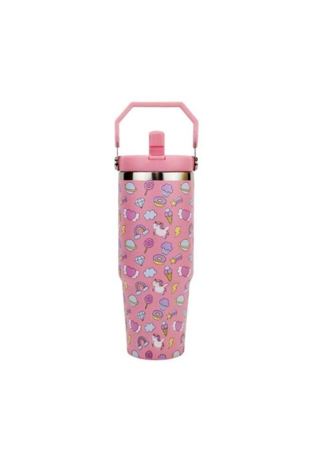 UKR 30 oz Pink Unicorn Kids Tumbler Stainless Steel Insulated Large Water Bottle 900 ml with Handle & Flip Straw Cute Leak-Proof Travel Mug for Girls Cup Holder Friendly
