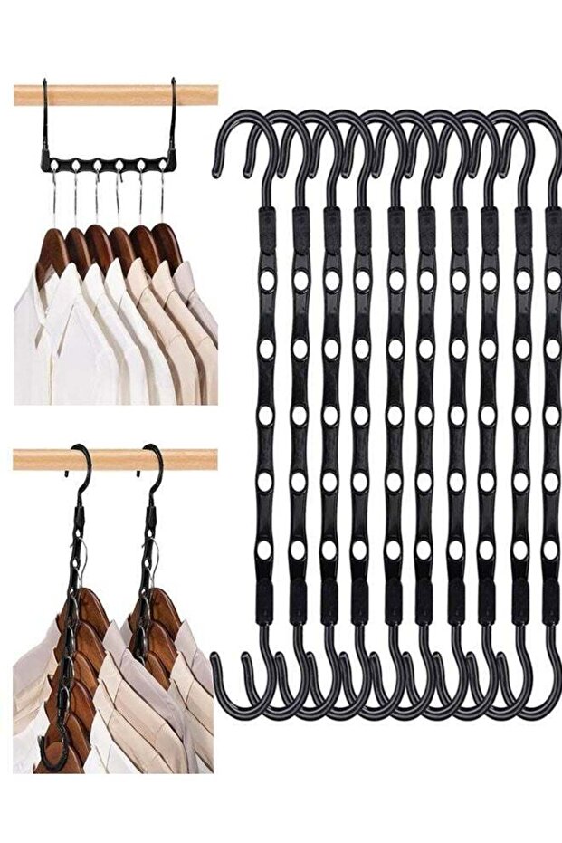 10PCS Magic Hangers, Space Saving Hangers, 6 Holes Sturdy Closet Hangers Hangers for Pants, Jean, Trouser, Scarf,Multiple Hangers for Wardrobe Apartment Essentials, Black