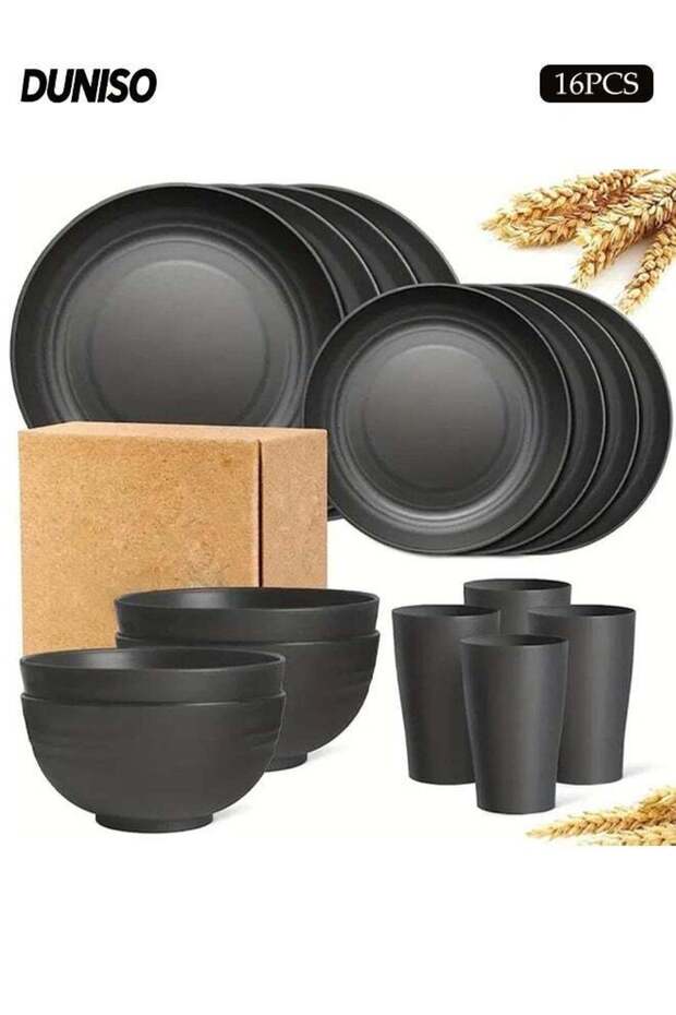 16 Pieces Plastic Wheat Straw Dinnerware Sets,Tableware Set,Reusable Dinner Plate Set for Kitchen O