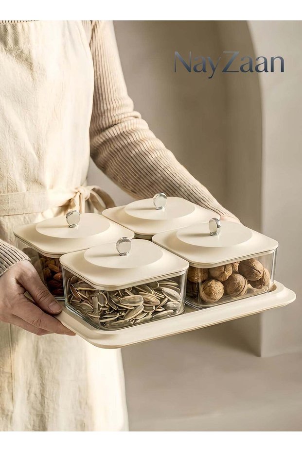 Elegant Creamy Serving Tray,Includes 4 Lidded Nut Jars And A Lidded Dessert Plate, Plus A Versatile