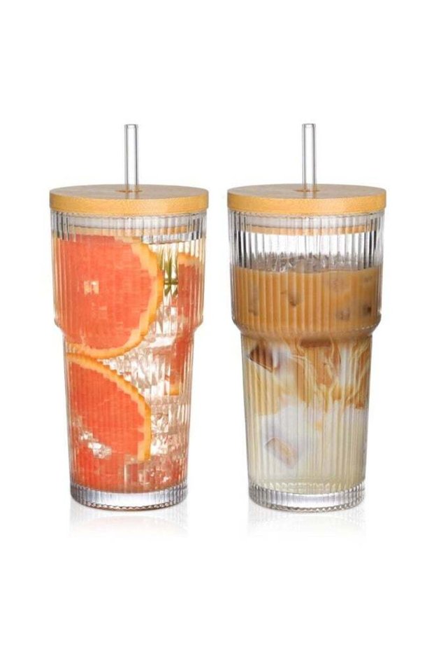 20oz Glass Cups with Lids and Straws,2PCS Ribbed Glass Coffee Cups,Iced Coffee Cups with Lid,Vintage Bamboo Tumbler for Juice,Smoothies