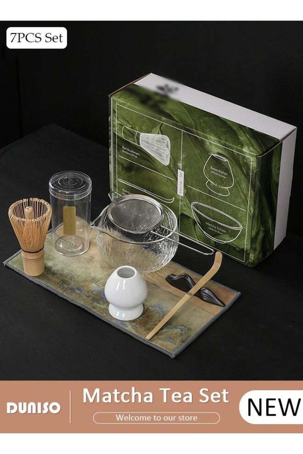 7Pcs Matcha Tea Set, Matcha Whisk Set of 7 Ceremony Matcha Kit with Glass Matcha Bowl with Pouring Spout, Matcha Whisk, Scoop, Whisk Holder, Scoop Stand,Sifter,Tea Napkin, Matcha Whisk Kit Traditiona