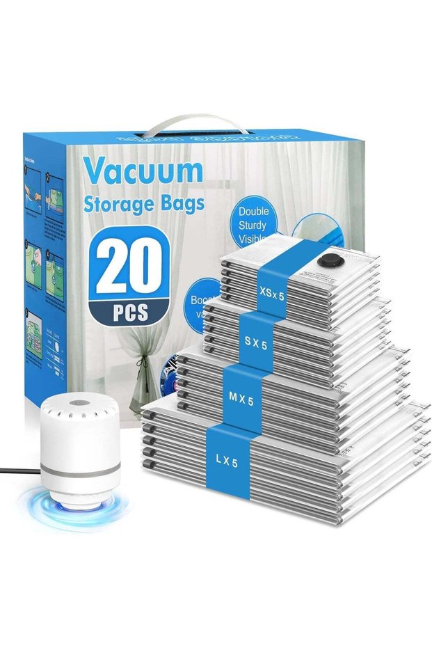 20 Pack Travel Vacuum Bags with Electric Pump, Space Saver Vacuum Storage Bags(5 Jumbo, 5 Large, 5 Medium, 5 Small), Vacuum Sealer Bags for Compressing Clothes, Pillows, Quilts, Travel Essentials