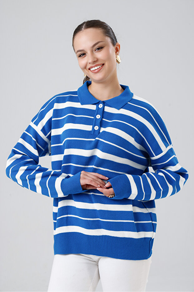 Polo Collar Striped Knit Sweater