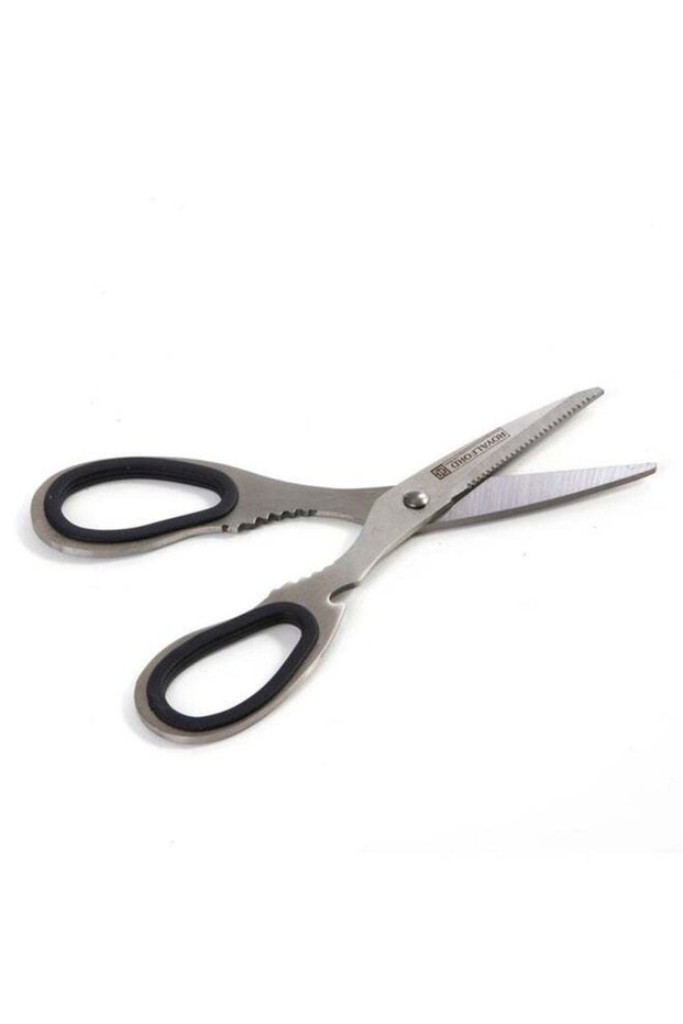 Royalford 3-in-1 Stainless Steel Multi-Purpose Kitchen Utility Scissors 22.5 x 7.5 cm | Opener, Nutcracker, Rubberized Grip, Complete Stainless Steel Body, | Ideal for Kitchen Utility | Silver / Blac