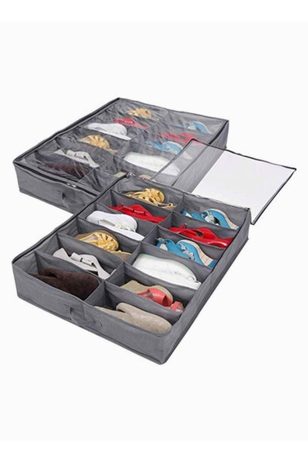 Organizing Bins Under Bed Shoes Tidy Organiser Foldable Fabric Holder Closet Large Heavy Duty Underbed Storage Bag with Clear Lid 80 x 63 x 15 cm Grey Pattern 12 Pockets x 2