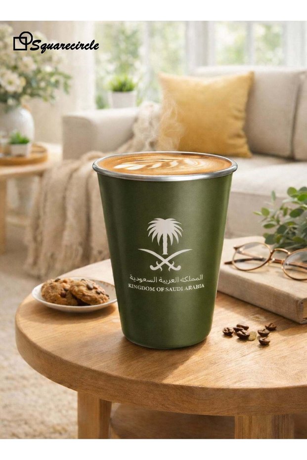 Arabic Design Stainless Steel Coffee Cup 350ml (11.83oz) – Double-Wall Insulated Mug | Premium Saudi Emblem Gift | Durable, Portable & Rust-Resistant for Home, Office & Outdoor Use(green)