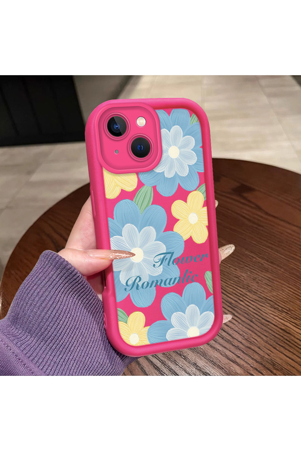 iPhone 14 Compatible Pink Red Silicone Case Shockproof Camera Protection Floral Pattern