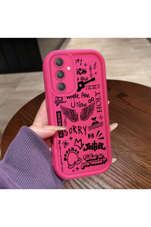 حافظة سيليكون وردية حمراء متوافقة مع هاتف سامسونج جالاكسي A24، مقاومة للصدمات، حماية للكاميرا، نمط جرافيتي