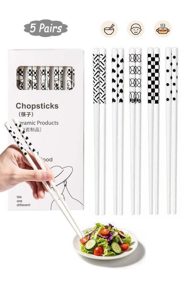 5 Pairs High-grade Bone Porcelain Chinese Ceramic Chopsticks with Gift Box - Dishwasher Safe Microwave Safe Reusable Chopsticks, Travel Portable Dinnerware for Family Hotel
