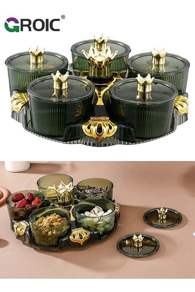 Snack Serving Tray, 5 Compartment Round Platter with lids, Removable Dried Fruit Organizer Plate fo