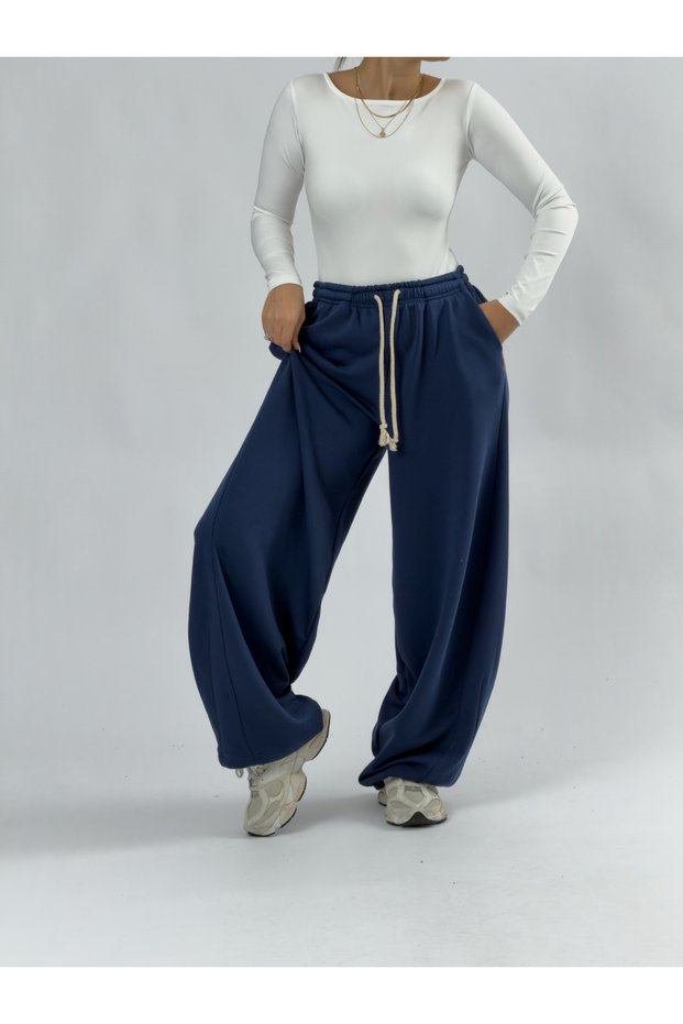 Design adjustable navy blue women's baggy pants coc3509